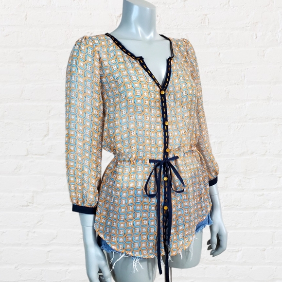 Anthropologie Tops - Anthropologie x Nick & Mo Orange and Blue Sheer Button Up Blouse Size M